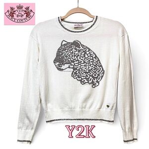 Juicy Couture White Silver Sweater Leopard xsmall lightweight metallic ocelot